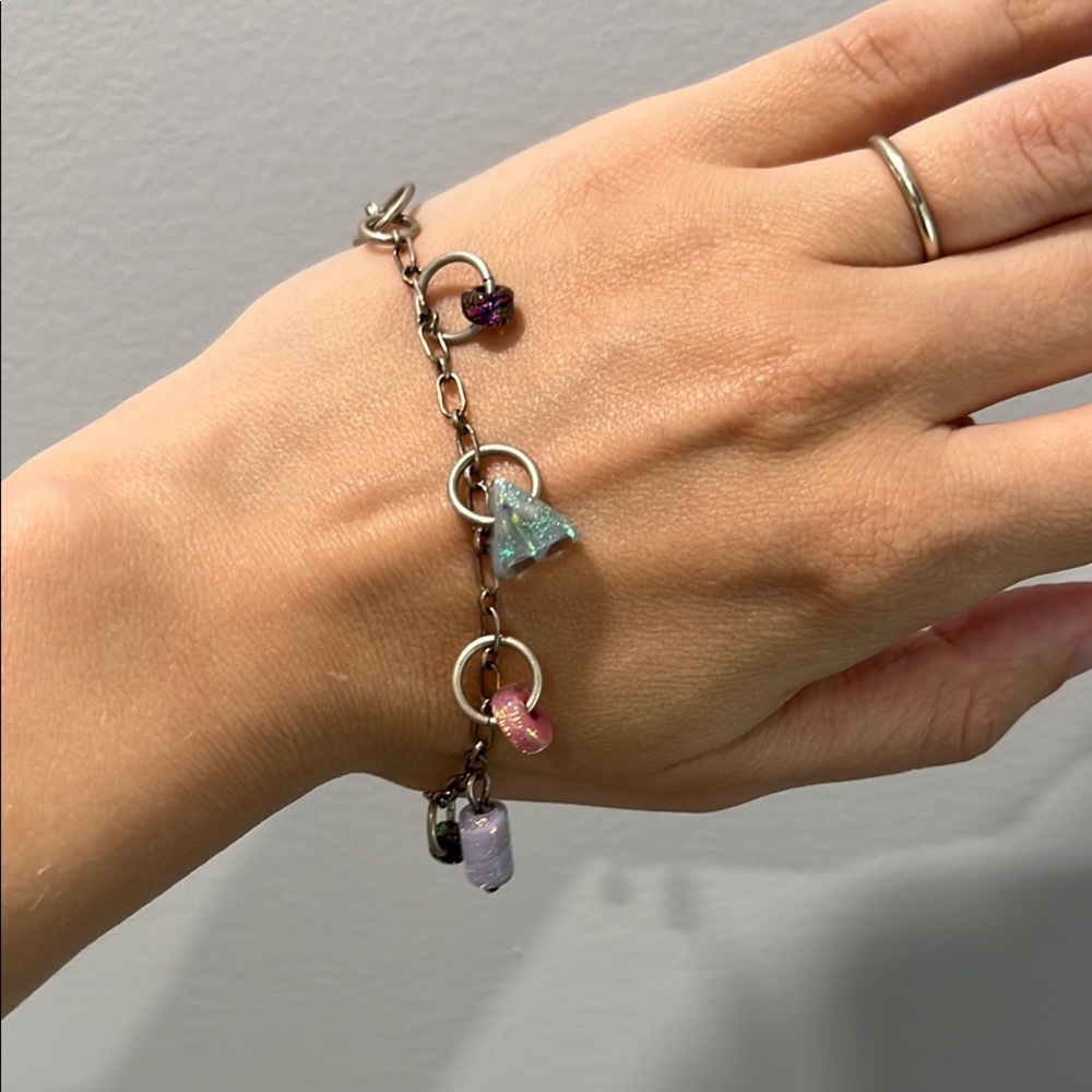 Stirling Sliver Rainbow Charm Bracelet With Glass Beads